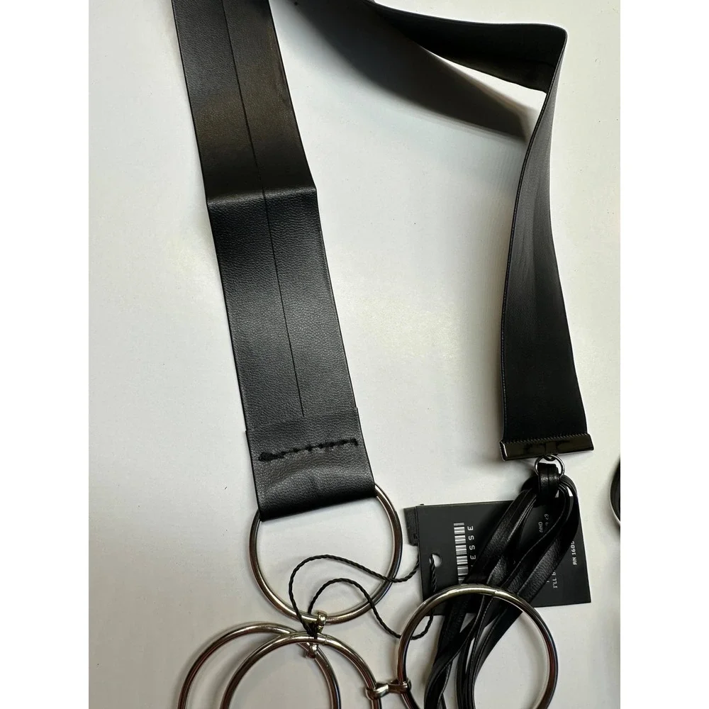 Finesse Abeni Black‎ Faux Leather Ring Belt Silver Tone O-Ring Wrap Tie OSS NEW